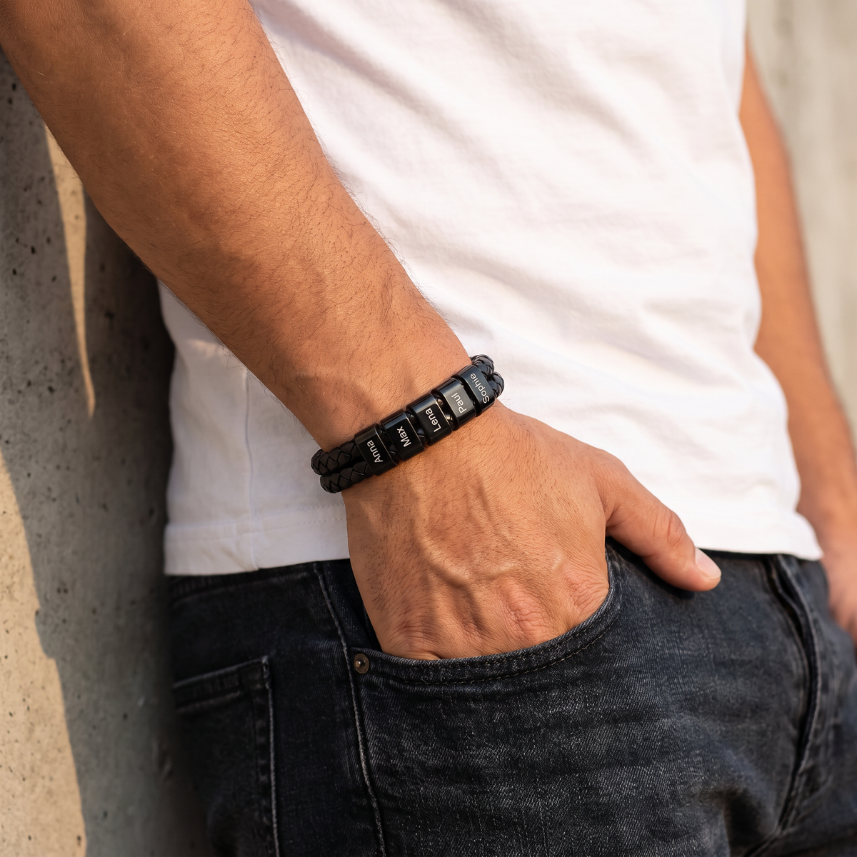 Leather bracelet with engraved beads for men
