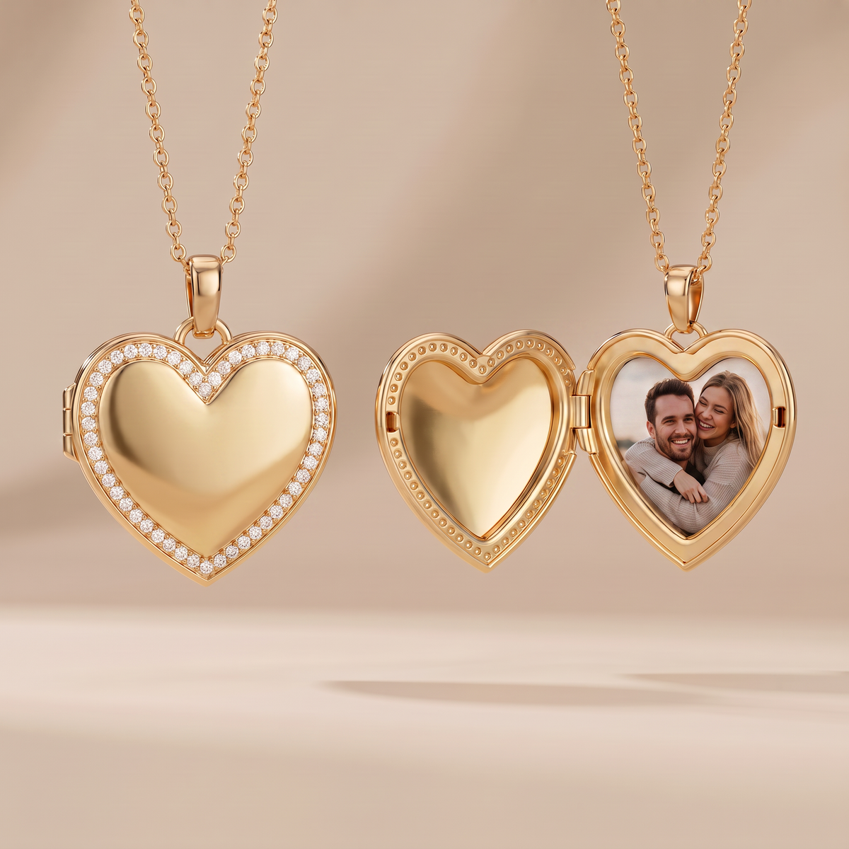 Photo locket necklace with heart-shaped zirconia