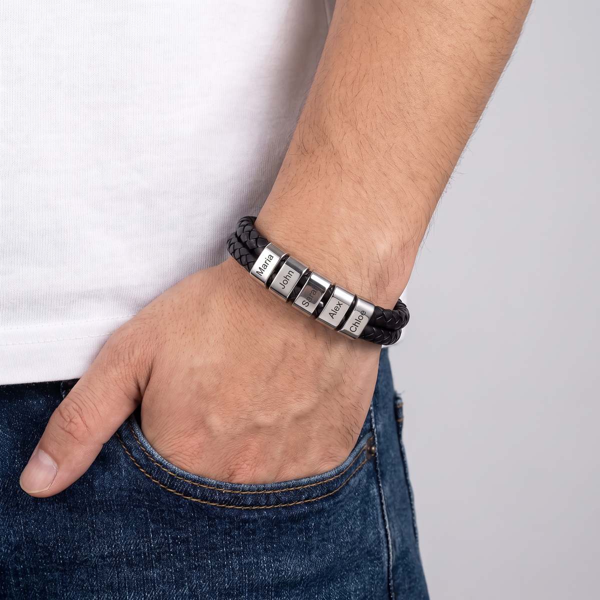 Leather bracelet with engraved beads for men
