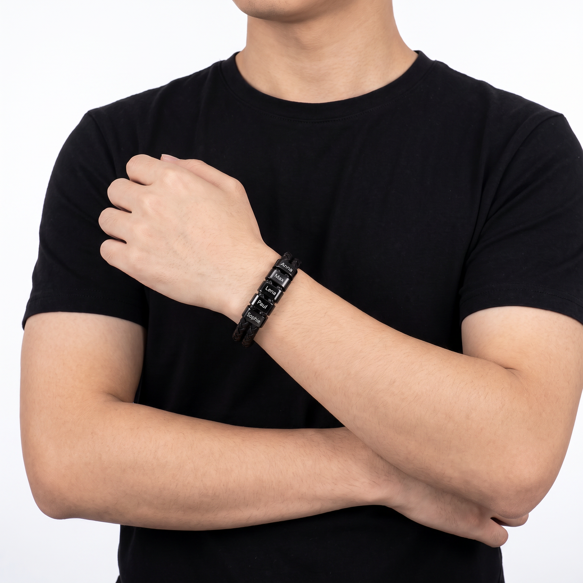 Leather bracelet with engraved beads for men