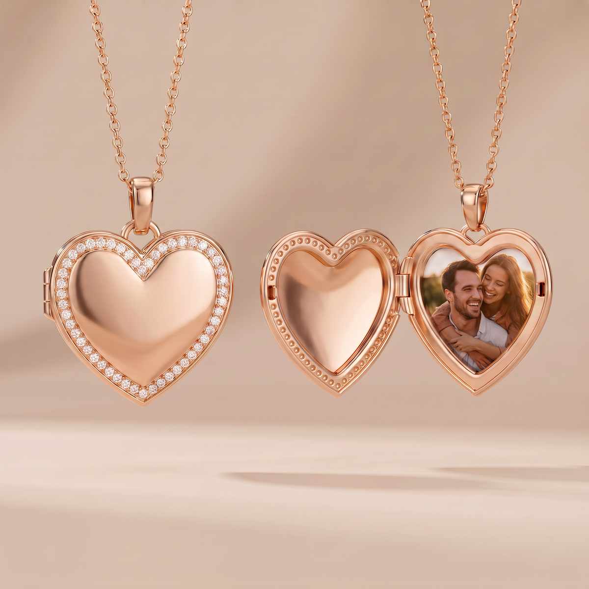 Photo locket necklace with heart-shaped zirconia