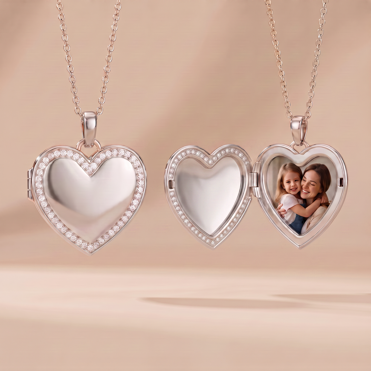 Photo locket necklace with heart-shaped zirconia